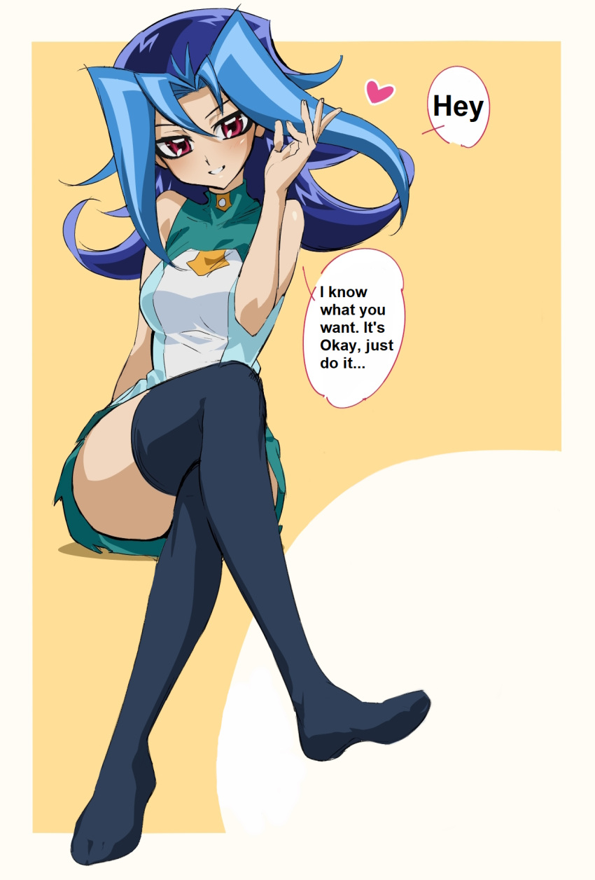 black_socks blue_hair blush dntks edit female heart hi_res kamishiro_rio legwear long_hair looking_at_viewer red_eyes rio_kamishiro short_skirt smile socks solo text thick_thighs thigh_socks thighhighs translated yu-gi-oh! yu-gi-oh!_zexal