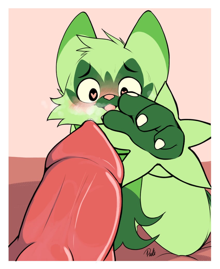 blush bodily_fluids claws duo erection floragato generation_9_pokemon genital_fluids genitals hi_res male male/male mammal nintendo open_mouth penis pokemon pokemon_(species) precum pukizel