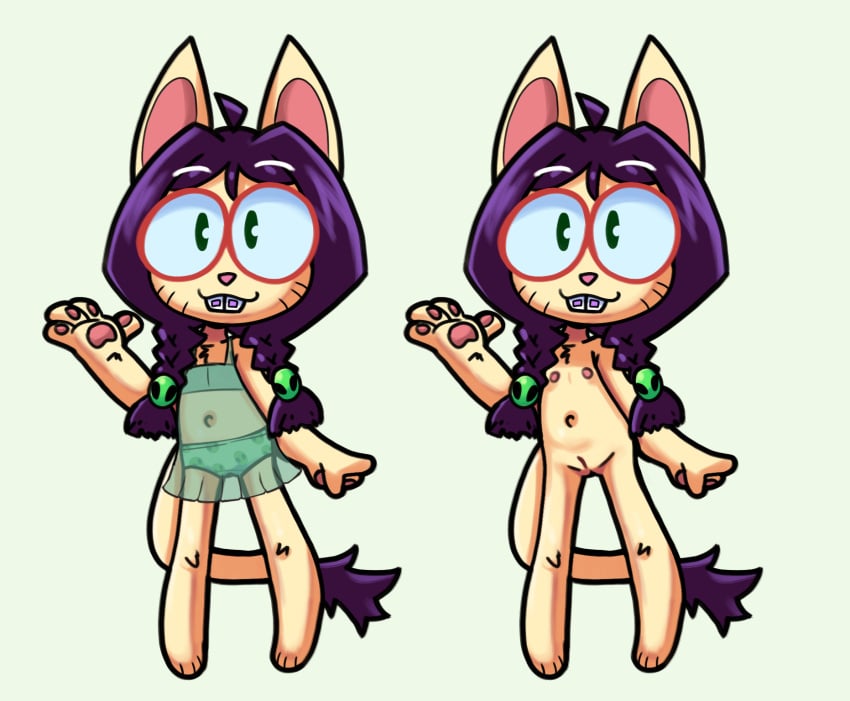 1girls anthro anthro_female anthro_only braces cub eyewear feline female female_cub female_only fur furry furry_female furry_only glasses hi_res ichduhernz looking_at_viewer nipples paws pigtails poni(ichduhernz) purple_hair pussy smile solo solo_female tagme young