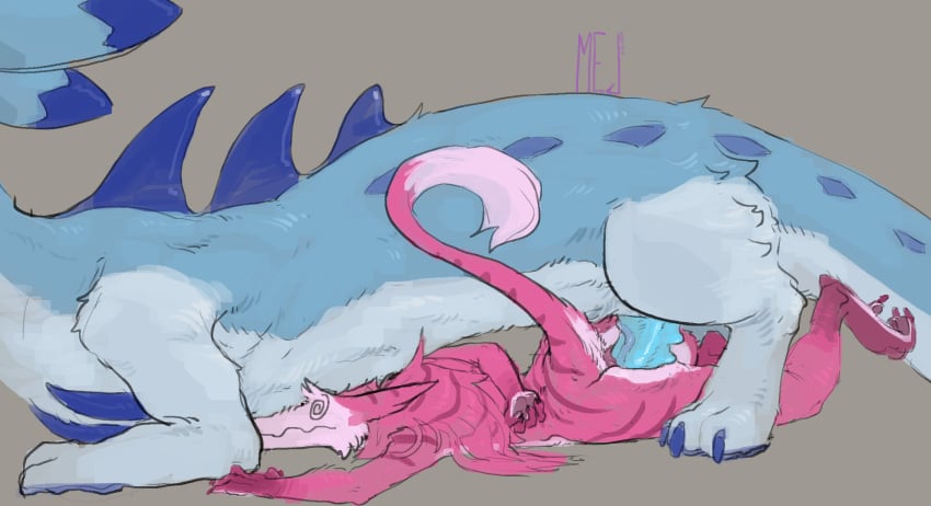 anal anal_sex anthro anthro_on_feral anthro_penetrated big_penis blue_body blue_fur chillet duo feral feral_penetrating feral_penetrating_anthro fur genitals hi_res interspecies long_body male mej pal_(species) palphilia palworld penetration penis pink_body pink_fur pocketpair sergal sex simple_background size_difference taffy_(rufinox) unconscious zoophilia