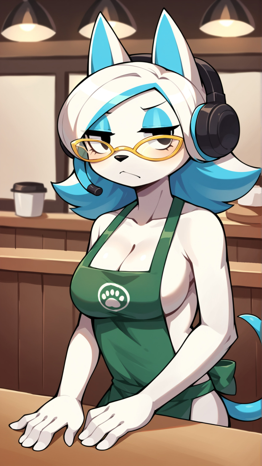 1girl ai_generated anthro apron_only autismmix_pony(model) bored breasts cafe female glitch_productions headphones karen_(smg4) sideboob smg4 stable_diffusion white_fur yellow_glasses