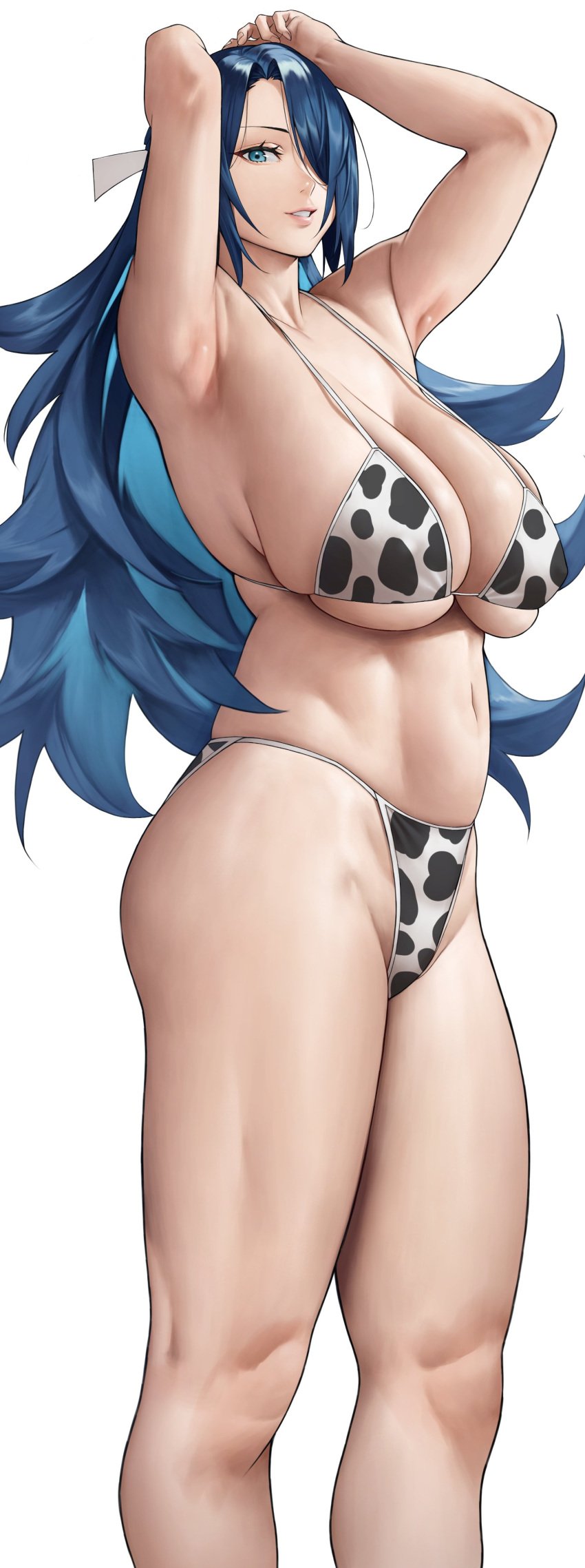 armpits azuma_fubuki blue_eyes blue_hair cleavage cow_print cow_print_bikini hair_ribbon large_breasts legs looking_at_viewer mato_seihei_no_slave milf ribbon thick_thighs thighs voluptuous voluptuous_female yoshi55level yoshio_(55level)