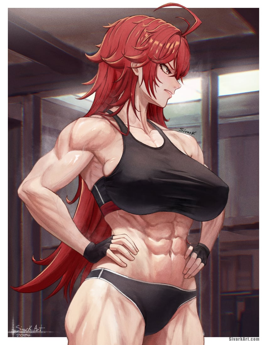 1girls ahoge breasts goddess_of_victory:_nikke large_breasts matching_hair/eyes muscular muscular_female nihilister_(nikke) red_eyes red_hair signature sivarkart solo sports_bikini sports_bra url