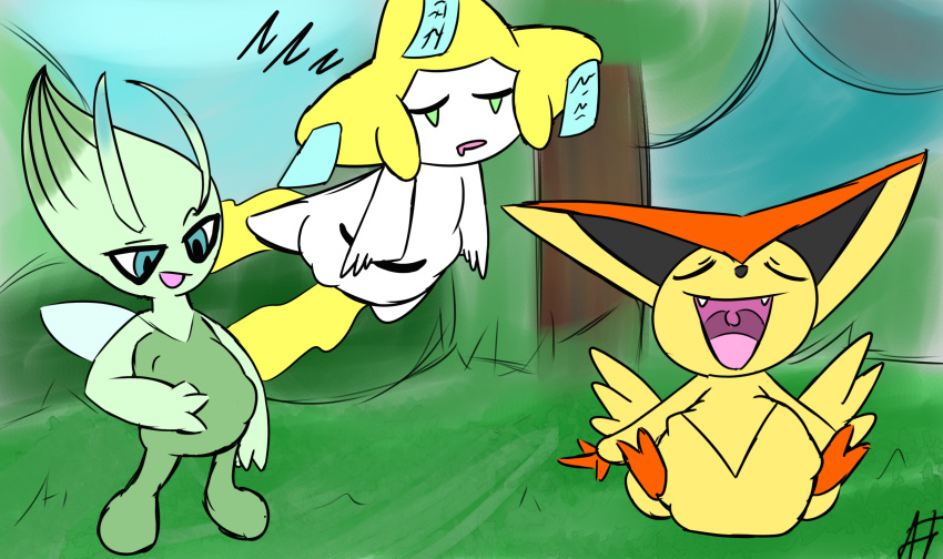 afraidpichu celebi generation_2_pokemon generation_3_pokemon generation_5_pokemon group hi_res jirachi legendary_pokemon nintendo pokemon pokemon_(species) pokephilia stomach_bulge victini vore