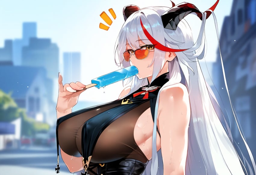 aegir_(azur_lane) ai_generated azur_lane female henrik_n light-skinned_female looking_at_viewer novelai pale-skinned_female pale_skin popsicle solo thiccwithaq_(ai_style) white_hair