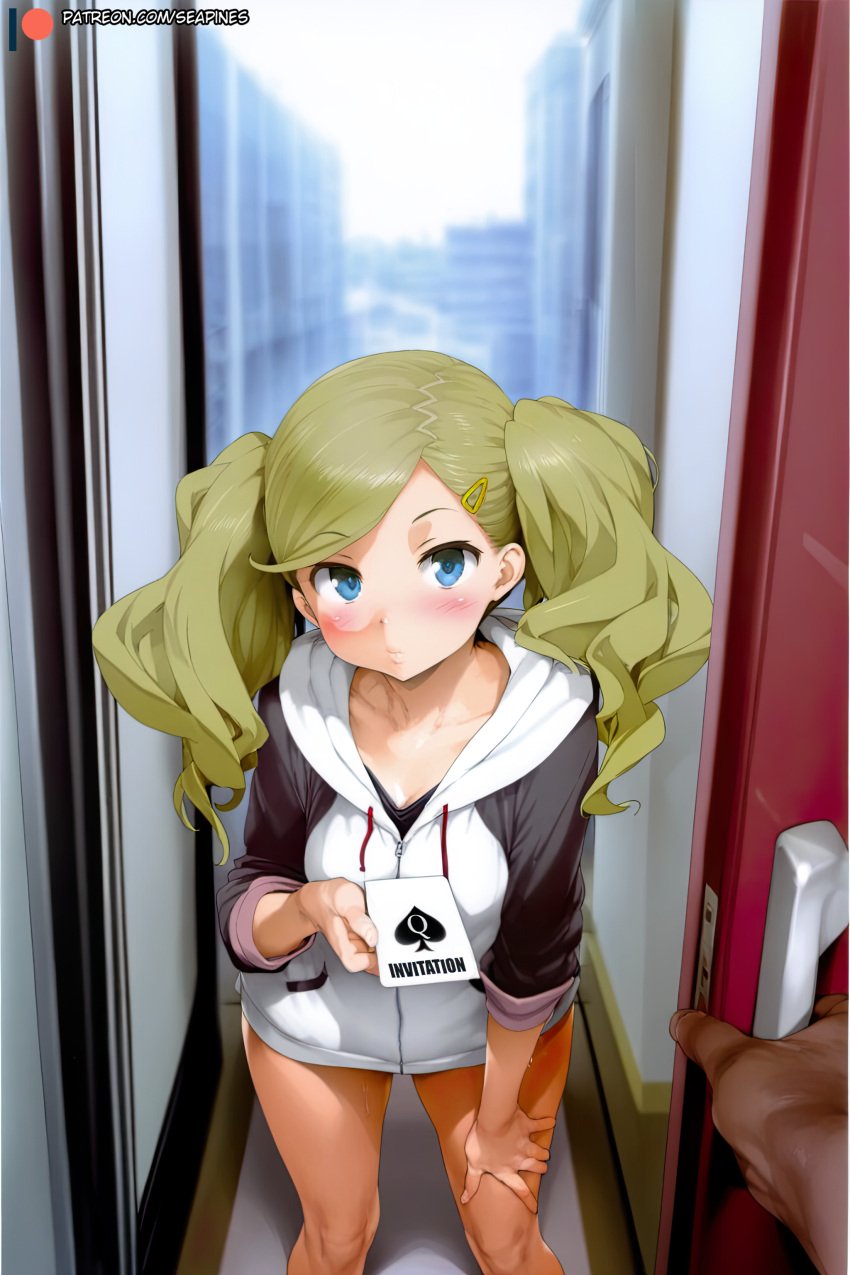 1boy ai_generated ann_takamaki bangs blonde_hair blue_eyes blush breasts cleavage clothing door female female_only hair_ornament hairclip high_resolution hood hoodie indoors large_filesize long_hair looking_at_viewer male medium_breasts pantyhose patreon_username persona persona_5 pov pov_doorway pov_hands seapine shirt solo solo_focus swept_bangs tied_hair twintails username very_high_resolution watermark web_address