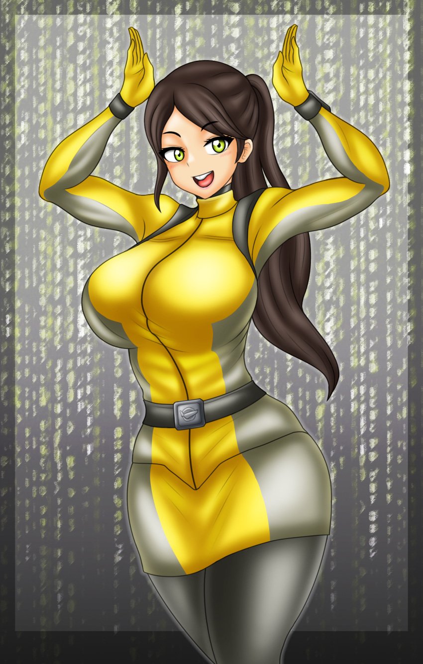 1girls alluring big_breasts bodysuit brown_hair ponytail super_sentai tokumei_sentai_go-busters treezero usami_youko yellow_eyes