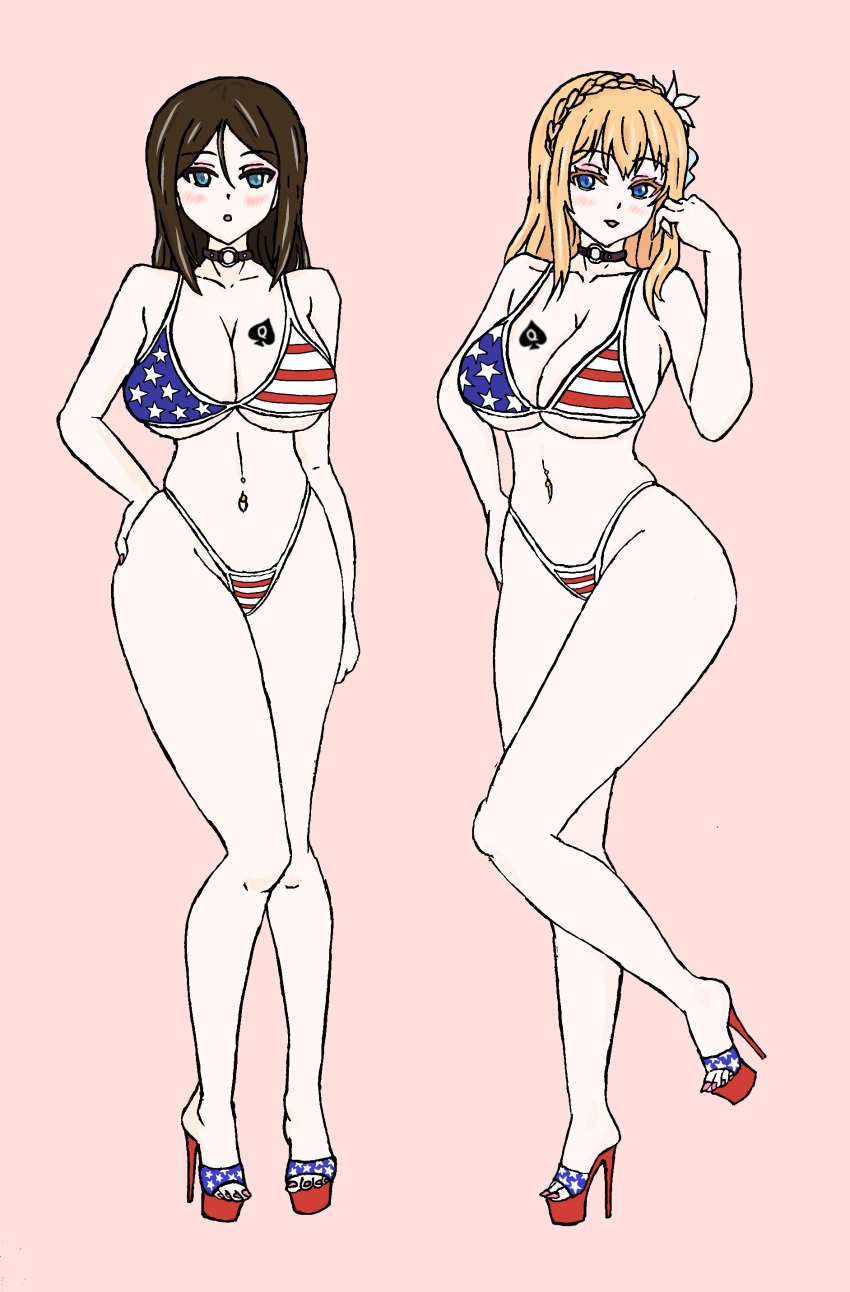 american_flag_bikini blonde_hair blue_eyes blush brown_hair collar crown_braid curvy_female girls'_frontline girls_und_panzer high_heels large_breasts looking_at_viewer mosin-nagant_(girls'_frontline) nonna platform_heels queen_of_spades wide_hips