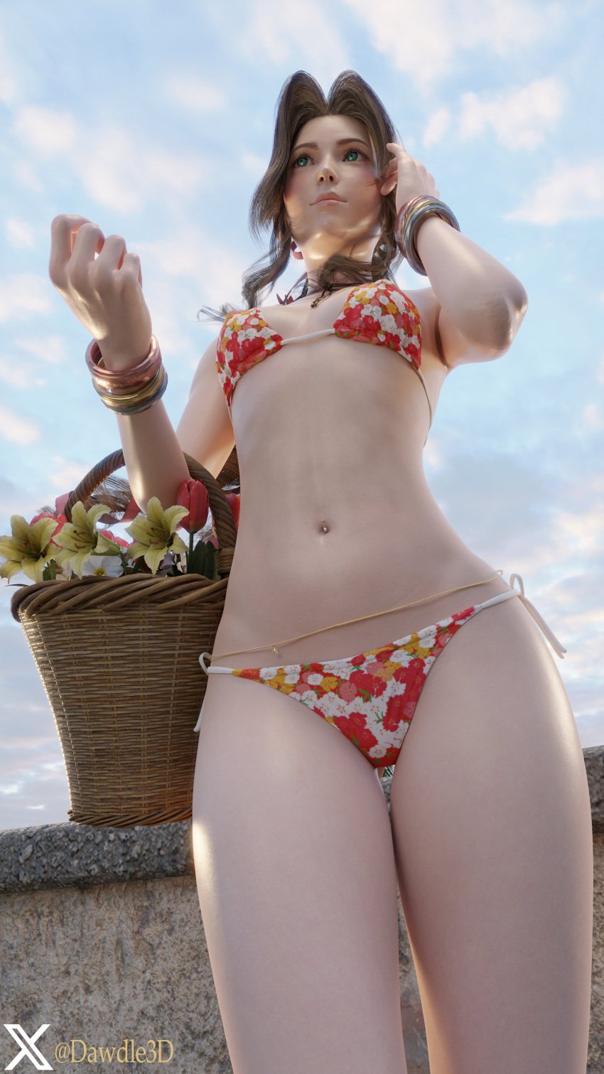 3d aerith_gainsborough athletic athletic_female bikini bra braid breasts brown_hair dawdle3d female female_focus female_only final_fantasy final_fantasy_vii final_fantasy_vii_rebirth final_fantasy_vii_remake flowers green_eyes long_hair makeup navel navel_piercing necklace outdoors outside piercing slim_waist small_breasts tagme waist_chain