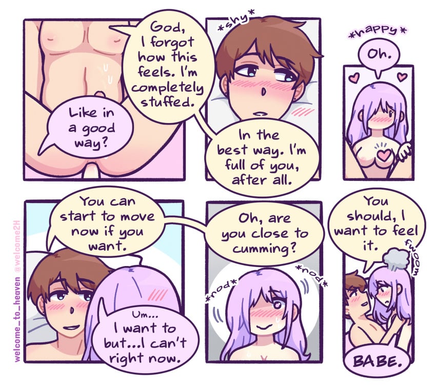 1boy 1futa 1male anal anal_penetration anal_sex blue_eyes blush brown_hair comic comic_page english_text face_to_face flustered futa_penetrating futa_penetrating_male futanari heart leo_(welcome_to_heaven) lila_(welcome_to_heaven) long_hair looking_away male/futa male_on_futa male_penetrated medium_hair nervous pink_hair purple_eyes purple_hair romantic_couple short_hair shy speech_bubble straight sweat text welcome_to_heaven