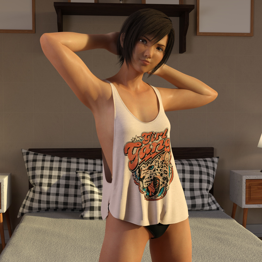 3d armpits arms_up brown_eyes brown_hair female female_focus female_only final_fantasy final_fantasy_vii hands_behind_head pose posing short_hair standing tagme tank_top tomboy v1rwr yuffie_kisaragi