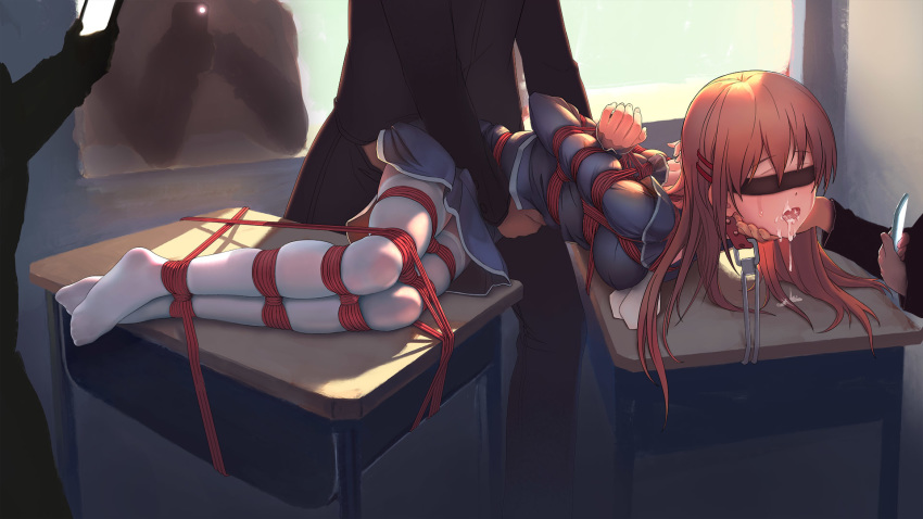 1girls 4boys arms_behind_back blindfold bondage bound bound_to_desk breasts brown_hair collar desk faceless faceless_male female highres hiiragi_asuka leash long_hair lying_on_desk multiple_boys on_desk on_side rape rope saliva school_desk school_uniform tears thighhighs tied_up tokinohimitsu