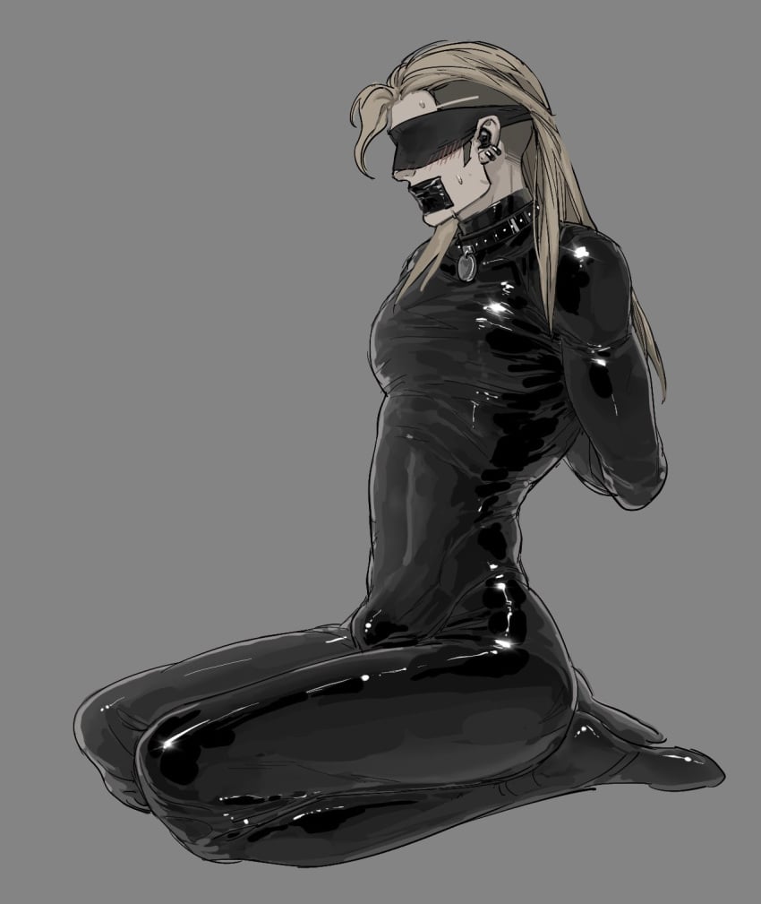 1boy blindfold blonde_hair blonde_hair_male blush bulge bulge_through_clothing collar latex latex_suit long_hair male male_only riot_games skin_tight sova_(valorant) taped_mouth valorant yingsek04