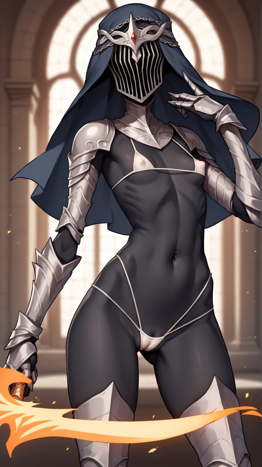 ai_generated ass_visible_through_thighs autismmix_pony(model) black_skin cameltoe colored_skin contrapposto covered_nipples dancer_of_the_boreal_valley dark_souls dark_souls_3 facing_viewer female fire gauntlets greaves helmet holding_sword indoors micro_bikini navel ribs skinny small_breasts stable_diffusion standing swimsuit sword thong veil window