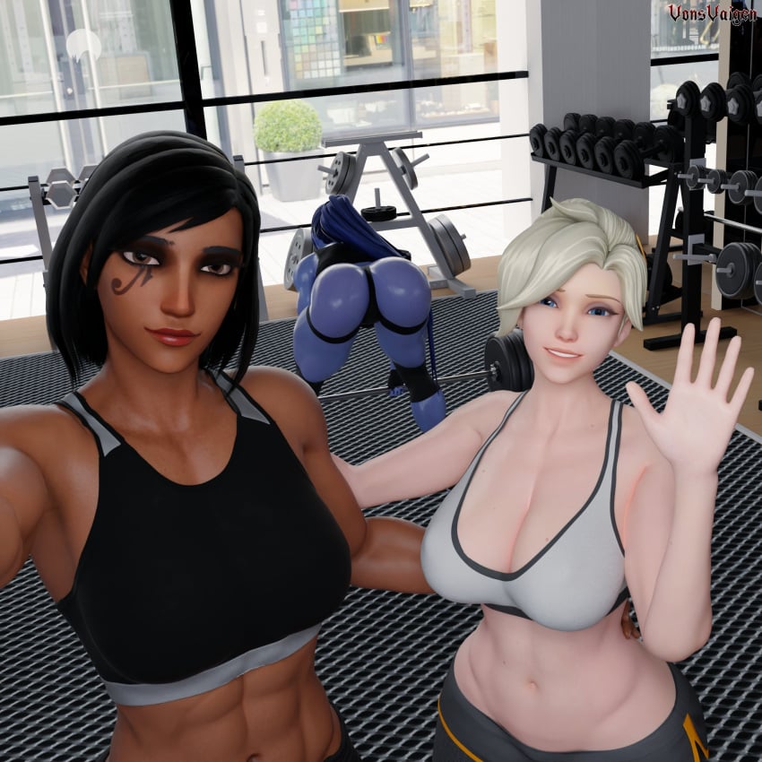 3d 3girls abs amelie_lacroix angela_ziegler ass big_ass big_breasts black_fingernails black_nails black_thong blizzard_entertainment blue_hair dark-skinned_female dark_skin fareeha_amari female female_only fit fit_female gym looking_at_viewer mercy muscular muscular_female muscular_thighs oiled oiled_skin oily overwatch overwatch_2 pharah ponytail purple-skinned_female purple_skin selfie tattoo tattoo_on_stomach thick_thighs thunder_thighs vonsvaigen wide_hips widowmaker yellow_eyes