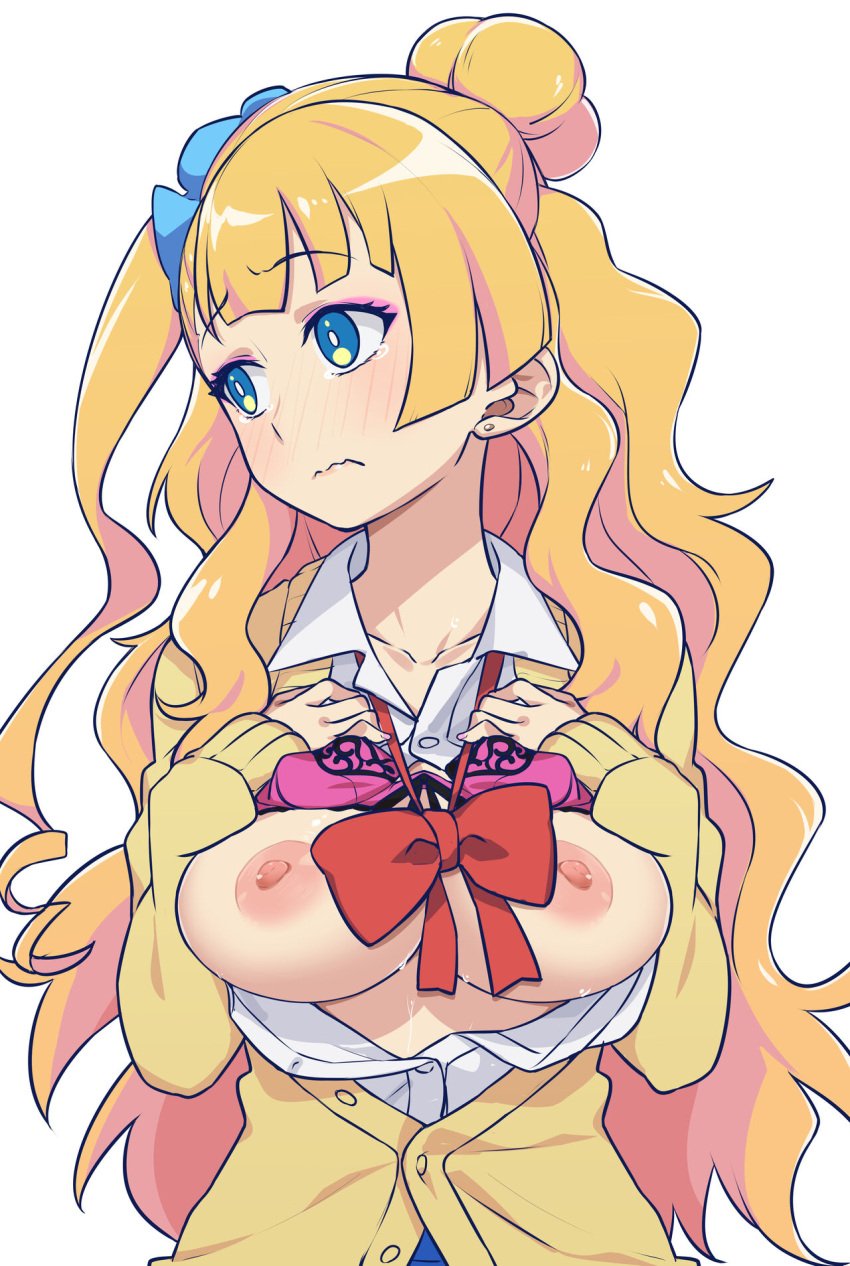 blonde_hair bra_lift breasts_out galko gyaru large_breasts looking_away morisobo open_shirt oshiete!_galko-chan school_uniform scrunchie tearing_up