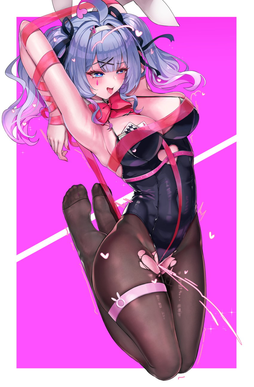 absurdres ace_(playing_card) ace_of_hearts ahoge animal_ears aqua_hair armpits arms_behind_back black_leotard black_pantyhose black_ribbon blue_eyes blush bondage bound bound_arms bow bowtie breasts bright_pupils card cleavage commentary_request covered_navel cutout_above_navel detached_collar fake_animal_ears feet female female_ejaculation hair_ornament hair_ribbon hairband harin_05 hatsune_miku heart heart-shaped_pupils highleg highleg_leotard highres large_breasts leotard long_hair pantyhose pink_background pink_nails playboy_bunny playing_card pole pussy_juice rabbit_ears rabbit_hole_(vocaloid) red_bow red_bowtie ribbon saliva solo stripper_pole symbol-shaped_pupils teardrop_facial_mark tearing_up thigh_strap thighs toes tongue tongue_out torn_clothes torn_pantyhose twitching vocaloid white_hairband x_hair_ornament