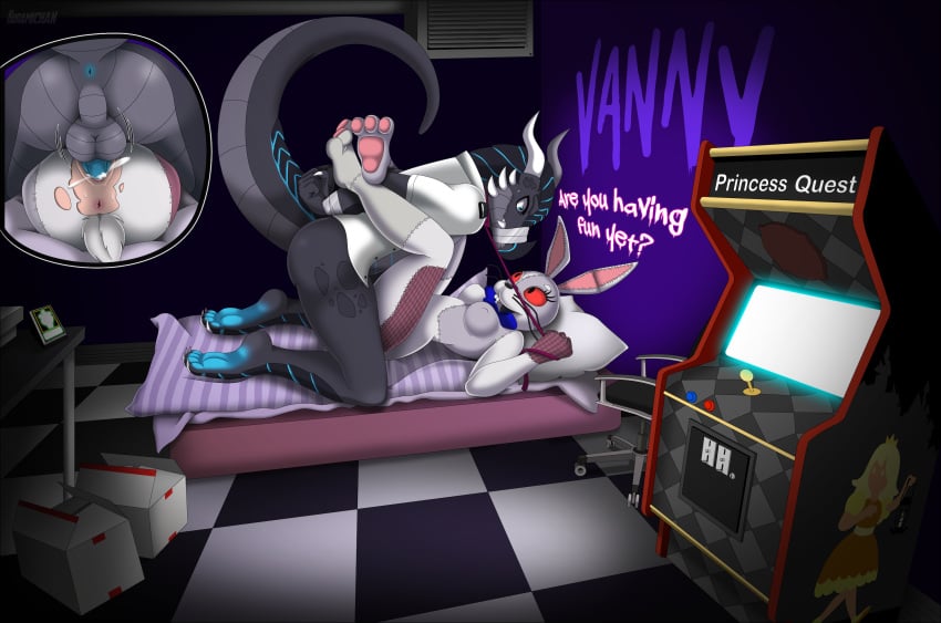 anthro anus arcade arcade_machine balls bodily_fluids bound breasts close-up clothing collar costume cum cum_in_pussy cum_inside cumshot dialogue dominant dominant_female dragon duct_tape duct_tape_gag duo ejaculation feet female female_rapist five_nights_at_freddy's forced forced_orgasm fursuit fursuit_head fursuiter gag genital_fluids genitals graffiti hands_behind_back hands_tied_behind_back hi_res human kuramichan leash leash_pull leashed_collar leg_lock male male/female mammal mattress mattress_on_floor muzzle_(object) muzzled mythological_creature mythological_scalie mythology orgasm pawpads paws penetration penis pussy rape scalie scared scared_face scottgames security security_guard security_uniform sweat sweatdrop tape taped_mouth torn_clothing vaginal_penetration vanny_(fnaf) worried worried_look wrists_tied wrists_together xero_(captainscales)