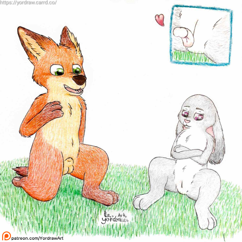 animal_genitalia animal_penis anthro balls canid canine canine_genitalia canine_penis cunnilingus disney female fox genitals grass hi_res judy_hopps lagomorph leporid male male/female mammal nick_wilde oral penis plant pussy rabbit red_fox sex smile spread_legs spreading tongue tongue_out true_fox vaginal_penetration yordraw zootopia