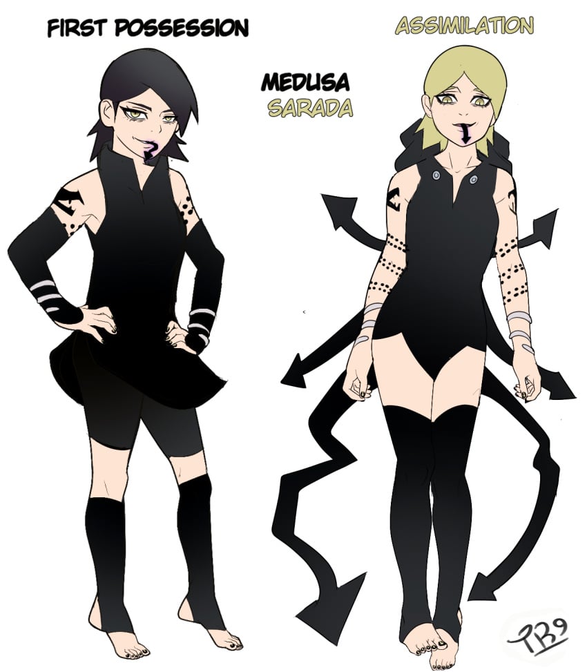 black_hair black_legwear boruto:_naruto_next_generations corruption dark_skin evil_smile feet female foot_fetish goth medusa medusa_gorgon mind_control naruto naruto_(series) possessed possession sarada_uchiha soul_eater uchiha_sarada yellow_eyes