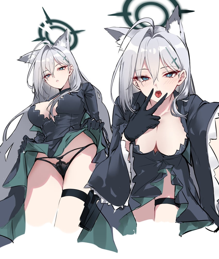 absurdres abydos_high_school_student ahoge animal_ear_fluff animal_ears black_dress black_gloves black_panties blue_archive blue_eyes blush breasts cleavage clothes_lift cunnilingus_gesture dress dress_lift extra_ears female gloves grey_hair hair_behind_ear hair_intakes highres large_breasts lifted_by_self long_hair mismatched_pupils multiple_views open_mouth panties parted_lips shigure_s shiroko_(terror)_(blue_archive) tongue tongue_out underwear very_long_hair