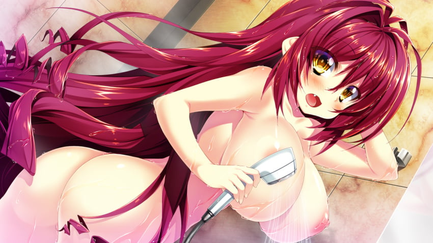 azarashi_soft bath blush breasts cute_fang female game_cg kamitsurugi_ouka large_breasts long_hair mikogami_haruruko nipples nude open_mouth red_hair royal_garden_-otome_ni_koi_suru_ouji_no_gikyoku- shower solo tagme wet yellow_eyes