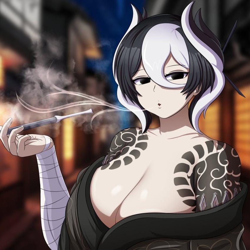 bandages big_breasts black_and_white_hair black_eyes black_hair cleavage female female_only hair_between_eyes irezumi kimono kiseru looking_at_viewer made_in_abyss no_bra off_shoulder ozen pale-skinned_female pale_skin pipe short_hair shoulder_tattoo smoking smoking_pipe smugbuns solo tattoo tattoos two_tone_hair upper_body white_hair