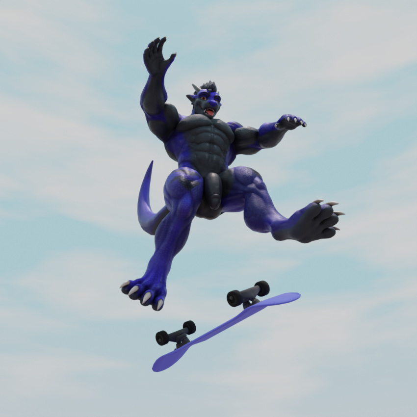 3d_(artwork) anthro balls big_balls big_penis dergdrister digital_media_(artwork) dragon drister_(dergdrister) genitals kickflip looking_at_viewer male male_focus male_only muscular mythological_creature mythological_scalie mythology nude outside paws penis scalie skateboard solo tongue tongue_out vehicle