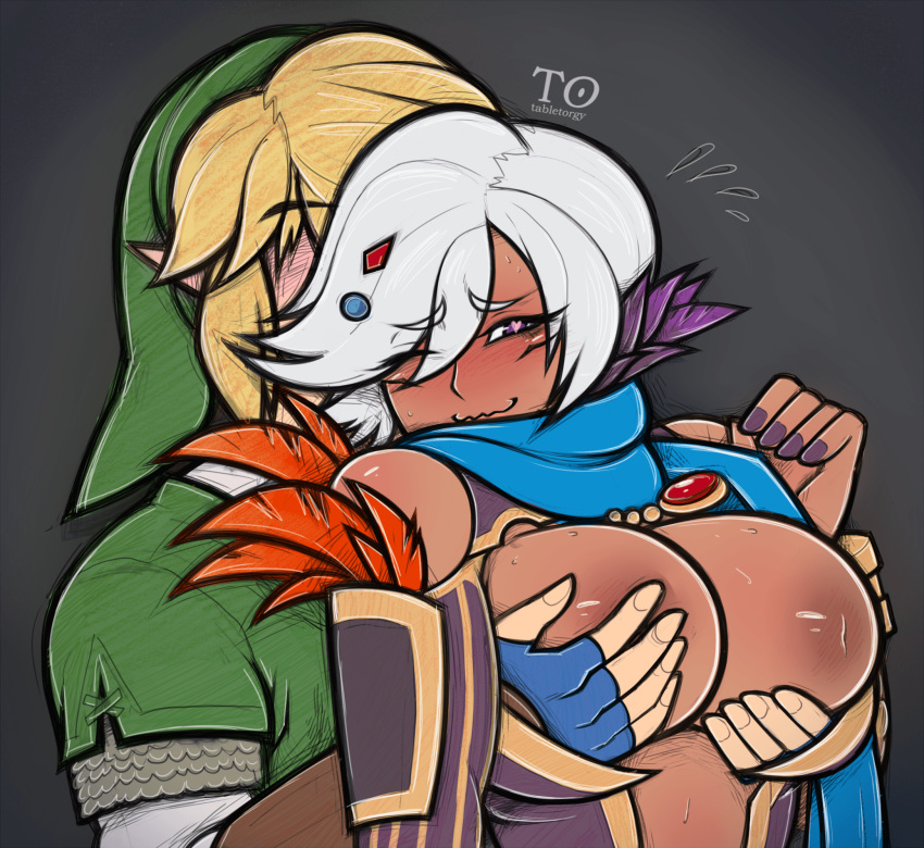 1boy 1boy1girl 1girls antiheld blonde_hair breasts cia_(the_legend_of_zelda) dark_skin female fingerless_gloves groping_from_behind heart-shaped_pupils holding_breasts hyrule_warriors large_breasts link link_(hyrule_warriors) male nintendo nipples purple_eyes scarf short_hair tabletorgy the_legend_of_zelda white_hair wholesome