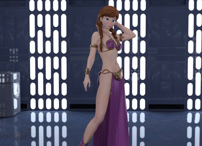 1girls 2024 3d 3d_(artwork) anna_(frozen) bare_legs belly_dancer blue_eyes braided_twintails disney disney_princess female female_only frozen_(film) indoors legs long_hair long_legs may_the_4th_be_with_you medium_breasts navel red_hair slave_bikini slave_leia_(cosplay) smile solo star_wars tommytinycat twintails