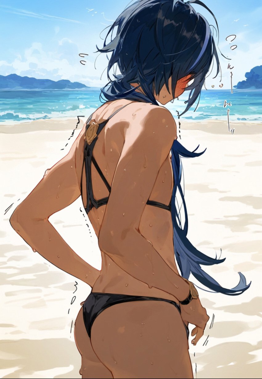 ai_generated ass bikini blue_hair blush boy_in_swimsuit femboy genshin_impact kaeya_(genshin_impact) looking_away male male_focus male_only petite petite_body petite_male shy submissive submissive_male tan_body trembling turning_back turning_head undressing undressing_self