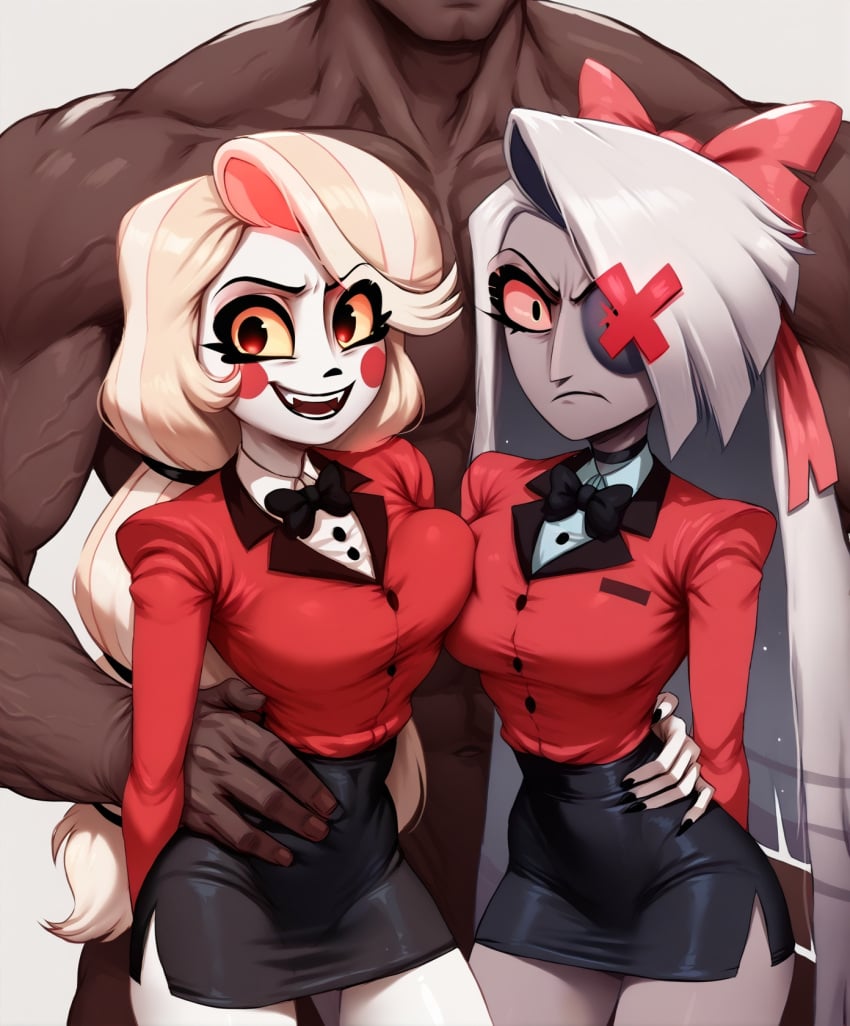 1boy 2girls ai_generated big_breasts charlie_morningstar_(hazbin_hotel) clothing dark-skinned_male demon demon_girl hazbin_hotel high_resolution imminent_sex muscular_male relaps63 smile tagme vaggie_(hazbin_hotel) verbalase_(youtuber)