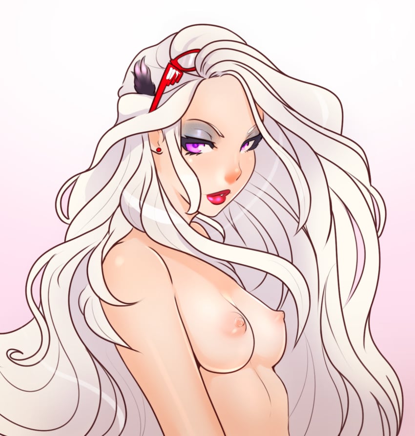 bayonetta bayonetta_2 breasts erect_nipples eyeshadow female glasses jeanne_(bayonetta) lipstick looking_at_viewer makeup nipples nude parted_lips purple_eyes solo superboin white_hair