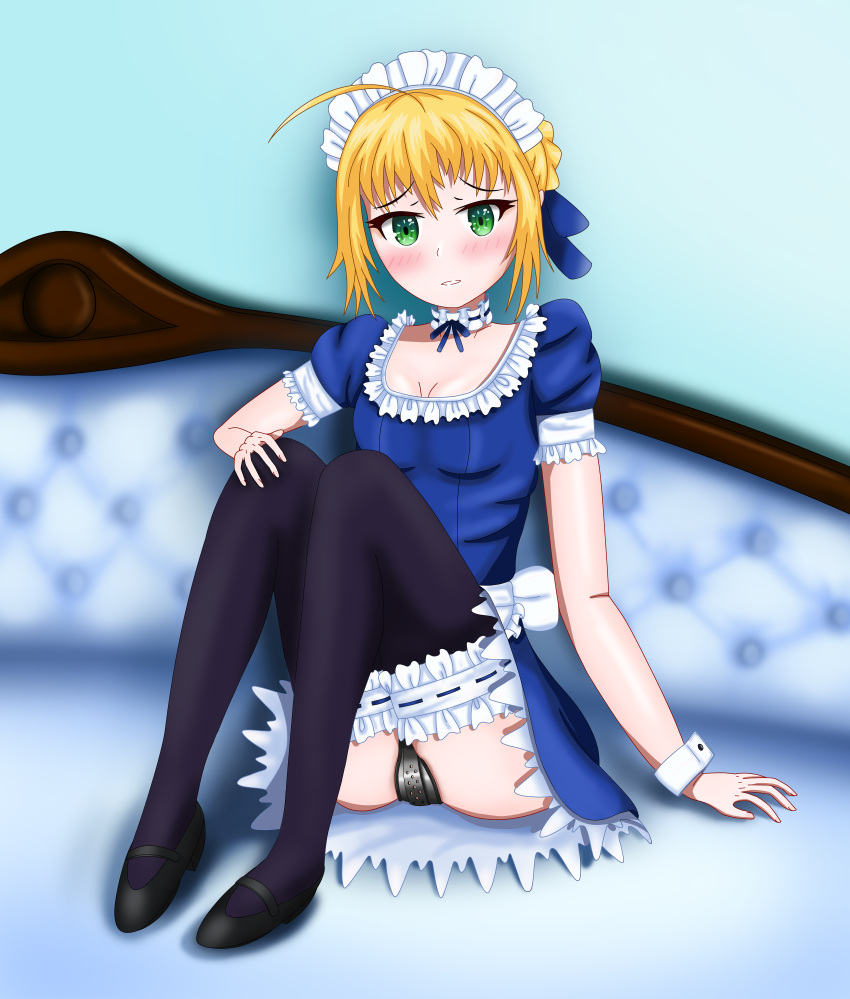 1girls absurdres artoria_pendragon_(fate) blonde_hair chastity chastity_belt chastity_device choker dress fate_(series) female female_chastity female_only fully_clothed green_eyes highres maid maid_headdress maid_uniform non-web_source saber_(fate) stockings tagme uniform