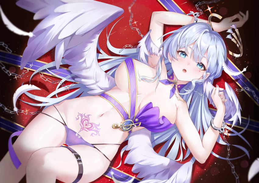 1girls absurdres arm_up armpit_crease armpits bare_legs belt blhazx blue_eyes blue_hair blush bondage breasts collar covered_nipples cuffs detached_collar feathers female female_only fingernails groin hair_between_eyes hair_intakes halo hand_up handcuffs head_wings highres honkai:_star_rail honkai_(series) jewel_under_eye large_breasts looking_at_viewer lower_teeth_only lying marking_below_eyes navel no_pants on_back panties pubic_tattoo purple_collar purple_panties robin_(honkai:_star_rail) saliva sidelocks stomach tattoo teeth thigh_belt thigh_strap topless underwear white_feathers wings