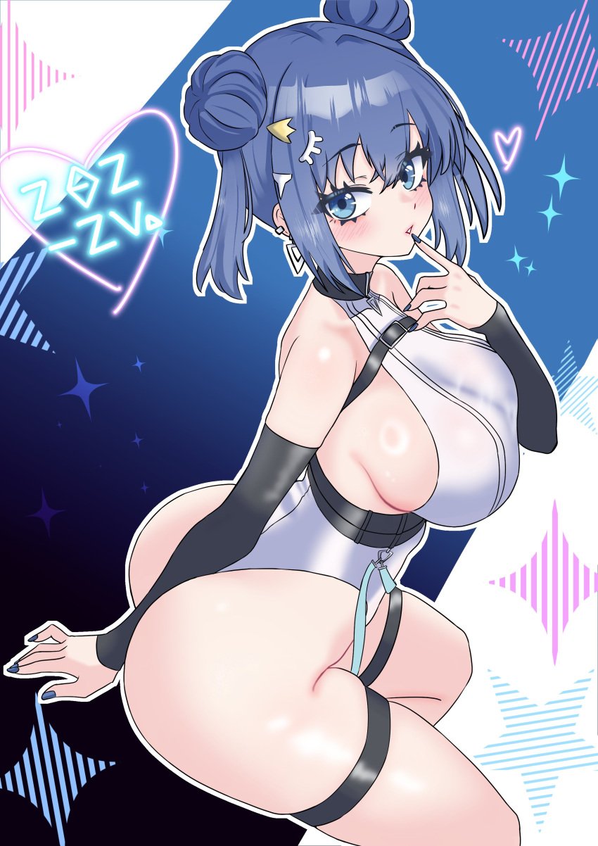 1girl 1girls ass blue_eyes blue_hair blue_nails breasts detached_sleeves double_bun duel_monster ear_piercing evil_twin_lil-la female female_focus female_only hair_bun huge_breasts leotard lil-la_(yu-gi-oh!) looking_at_viewer nail_polish oldsickkim painted_nails solo thigh_strap yu-gi-oh!