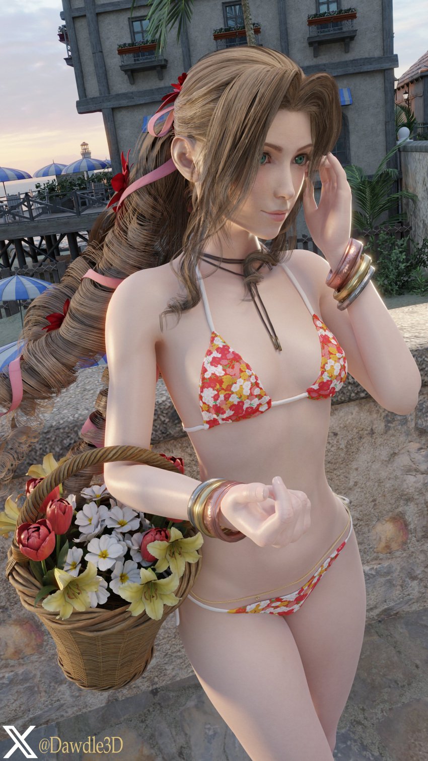 3d aerith_gainsborough athletic athletic_female bikini bra braid breasts brown_hair dawdle3d female female_focus female_only final_fantasy final_fantasy_vii final_fantasy_vii_rebirth final_fantasy_vii_remake flowers green_eyes long_hair makeup navel navel_piercing necklace outdoors outside piercing slim_waist small_breasts tagme waist_chain