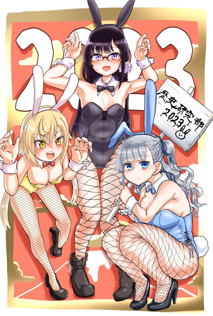 3girls black_hair blonde_hair blue_eyes blue_hair bunny_costume bunny_ears bunny_girl bunny_tail bunnysuit character_request fishnets flower flower_in_hair glasses high_heels human human_only kira_temari komachi_mikura long_hair looking_at_viewer magia_record:_mahou_shoujo_madoka_magica_gaiden mahou_shoujo_madoka_magica mudamuda231 multiple_girls puella_magi_madoka_magica threesome yuri