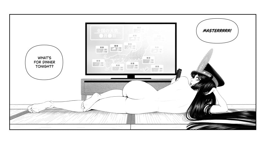 ass barefoot commentary completely_nude controller english_commentary english_text fate_(series) female greyscale hat head_rest highres kidetic koha-ace kusujinn long_hair looking_at_viewer lying monochrome nude oda_nobunaga_(fate) oda_nobunaga_(koha-ace) on_side remote_control solo tatami television very_long_hair