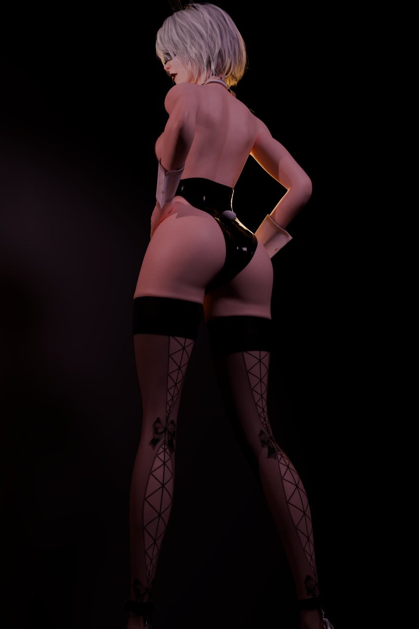 1girls 3d ass_focus blender collar cuffs_(clothing) enigmaj female_focus female_only grey_hair hands_on_hips leotard light-skinned_female nier:_automata nier_(series) short_hair solo_female stockings yorha_2b