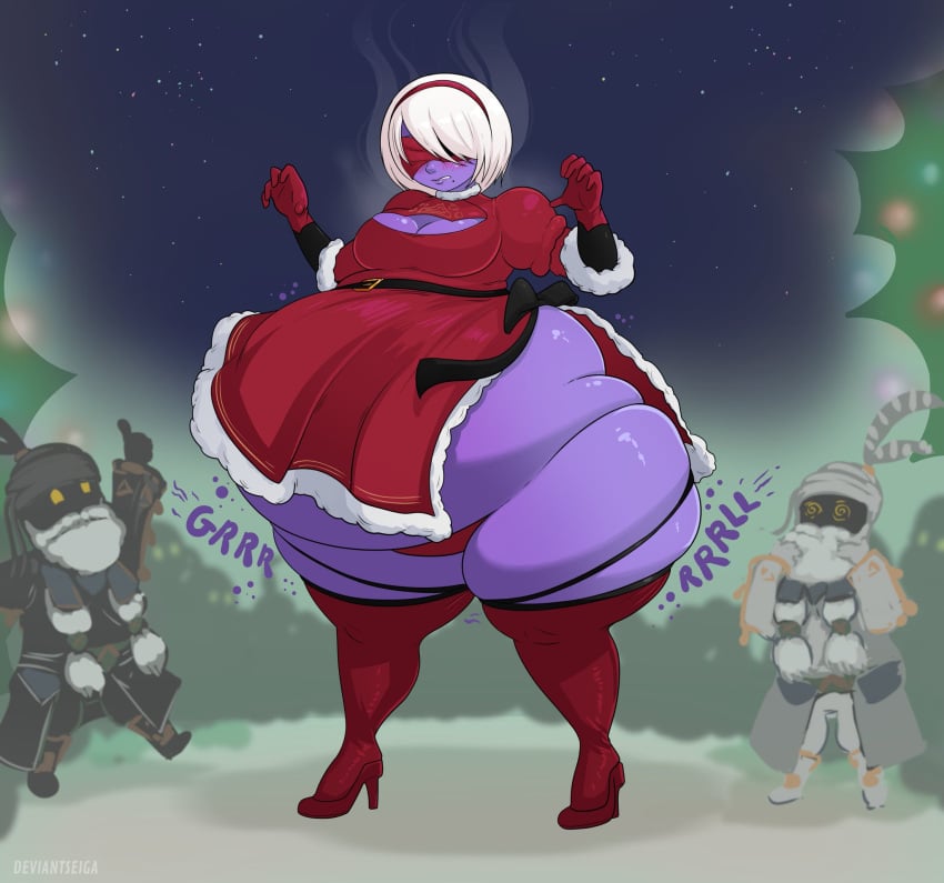 1girls ass_expansion belly_expansion big_ass big_belly big_breasts blindfold blue_skin blueberry_inflation boots breast_expansion christmas christmas_outfit cleavage crossover deviantseiga dress expansion heartless heel_boots inflation kingdom_hearts nier:_automata nier_(series) red_blindfold red_boots red_dress red_panties short_hair square_enix white_hair wide_hips yorha_2b