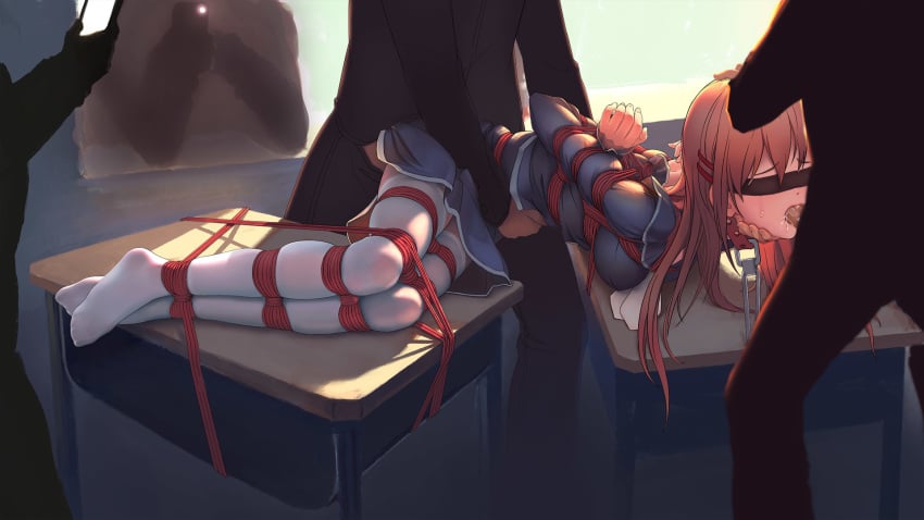 1girls 4boys arms_behind_back blindfold bondage bound bound_to_desk breasts brown_hair collar desk faceless faceless_male female highres hiiragi_asuka leash long_hair lying_on_desk multiple_boys on_desk on_side oral penis rape rope saliva school_desk school_uniform spitroast tears thighhighs tied_up tokinohimitsu tokyo_xanadu