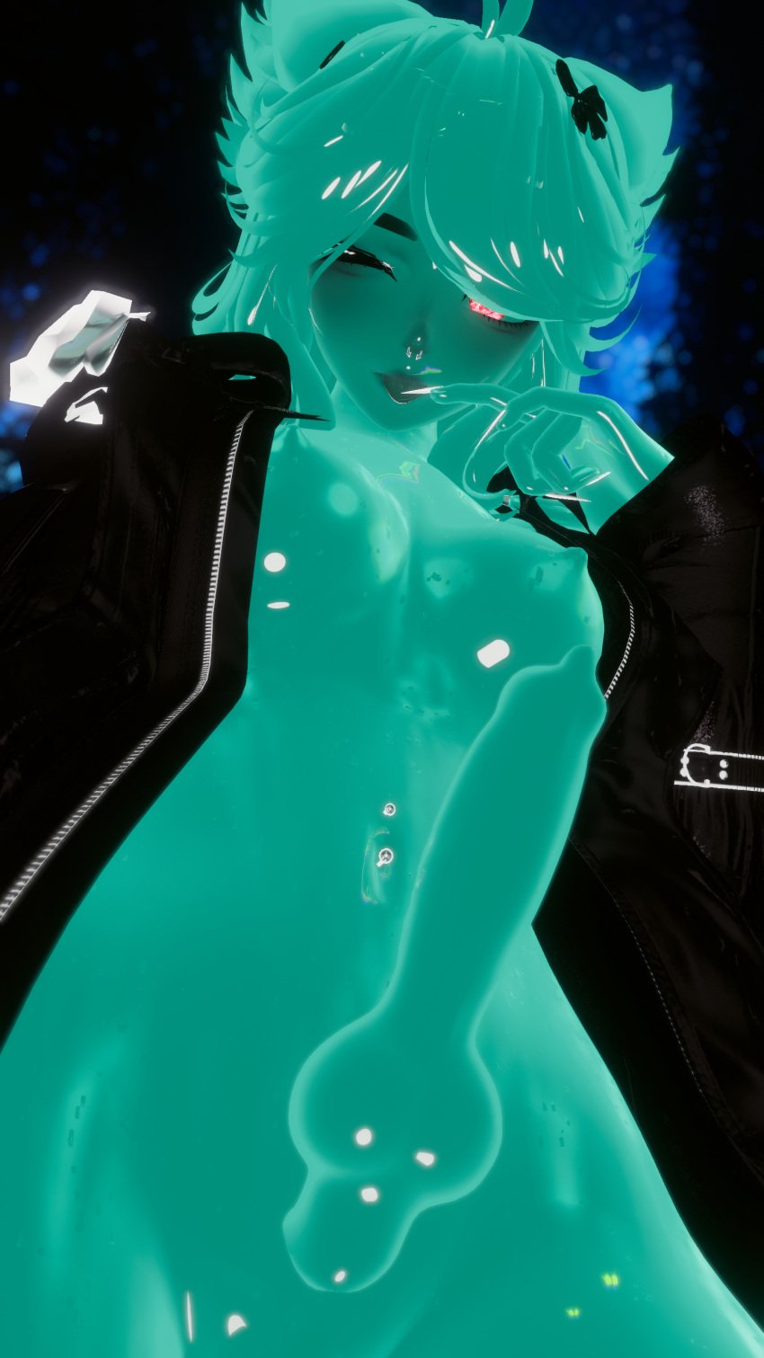 1futa 3d 3d_model belly_piercing content_creator futanari green_body green_hair green_nipples green_skin jacket jacket_open knotted_penis maxi_the_muse slime slime_girl slime_monster transparent transparent_body transparent_penis vr_media vrchat vrchat_avatar vrchat_media vrchat_model winking_at_viewer