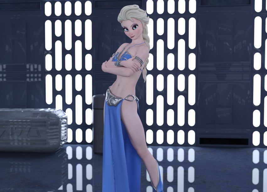 1girls 2024 3d 3d_(artwork) bare_legs belly_dancer blonde_hair blue_eyes crossover_cosplay disney disney_princess elsa_(frozen) female female_only frozen_(film) indoors legs long_hair long_legs may_the_4th_be_with_you medium_breasts navel slave_bikini slave_leia_(cosplay) smile solo star_wars tommytinycat