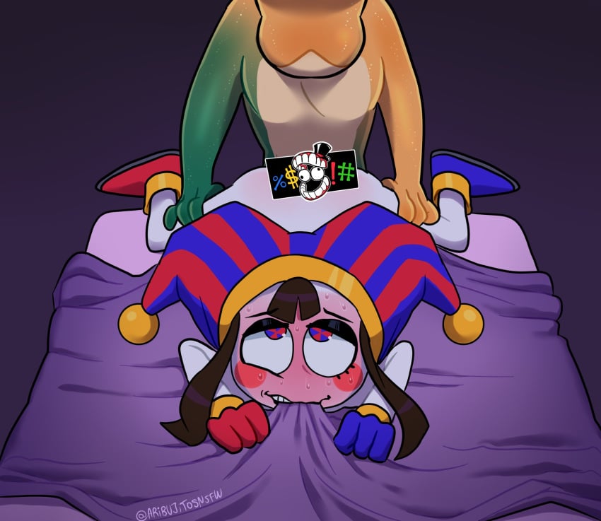 1boy 1girls 2024 anthro anthro_on_human anthro_on_humanoid anthro_penetrating anthro_penetrating_human ari_dibujitos aribujitosnsfw ass australian bed bedsheets blush censor_bar censored cheek_spots clown clown_girl digital_drawing_(artwork) digital_media_(artwork) duo duo_focus eyes_rolled_back female female_focus female_human female_penetrated food_humanoid green_body gummigoo_(the_amazing_digital_circus) gummy_(food) hat headgear headwear human_penetrated humanoid humanoid_on_humanoid humanoid_penetrated humanoid_penetrating humanoid_penetrating_human jester_hat leg_grab living_candy living_food looking_pleasured male male/female male_anthro male_penetrating male_penetrating_female mouth_hold npc on_bed penile_penetration pomni_(the_amazing_digital_circus) reptile reptile_humanoid sex sex_from_behind sheet_grab straight sweat the_amazing_digital_circus two_tone_body white_body yellow_body