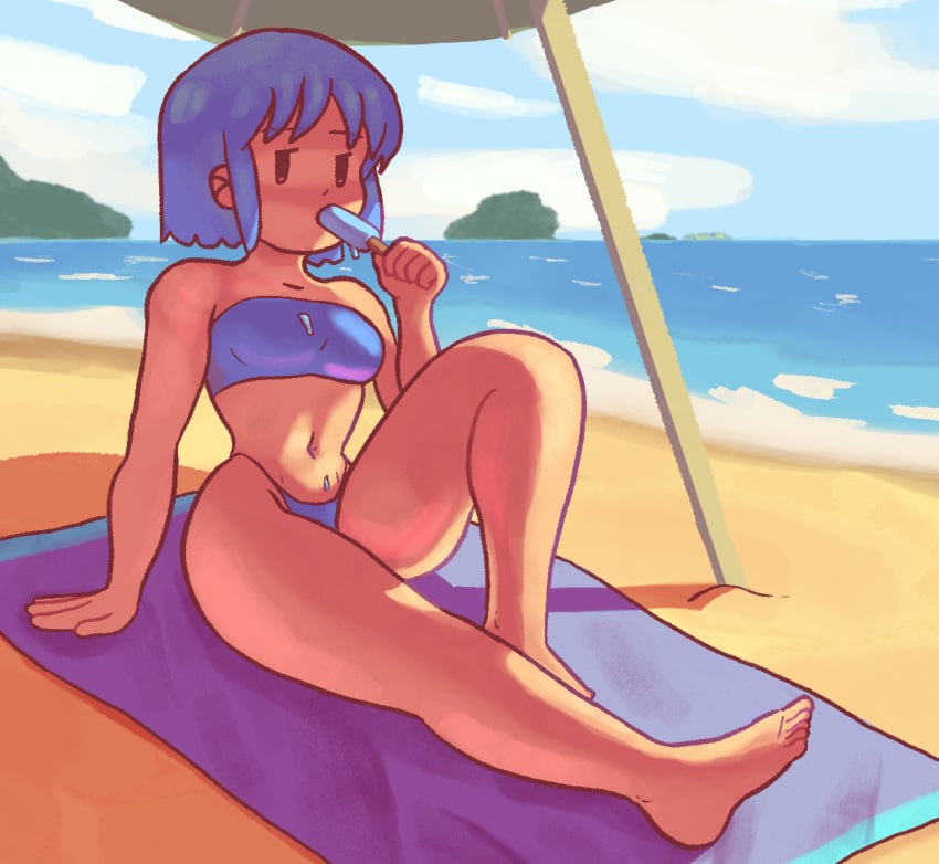 1girls beach bikini blue_bikini blue_hair clothed dozo_gon female female_only fully_clothed mob_face naganohara_mio nichijou outdoors popsicle small_breasts solo tagme