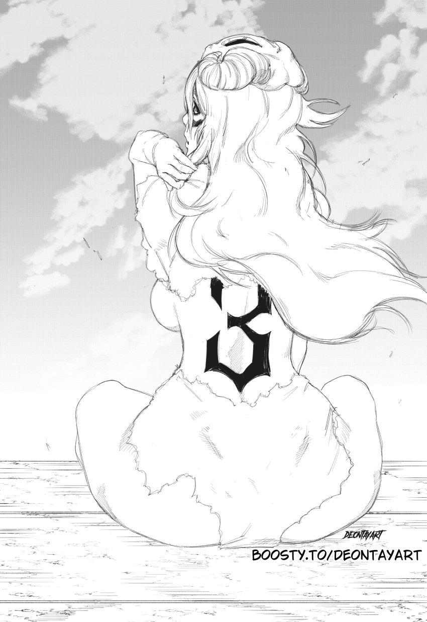 1girls adjusting_hair artist_name ass back_view backboob big_breasts black_and_white bleach breasts deontayart facial_markings hair_ornament long_hair looking_at_viewer looking_back nelliel_tu_odelschwanck no_color revealing_clothes ripped_clothing sideboob sitting skull_mask solo_focus tattoo thick_thighs thighs torn_clothes