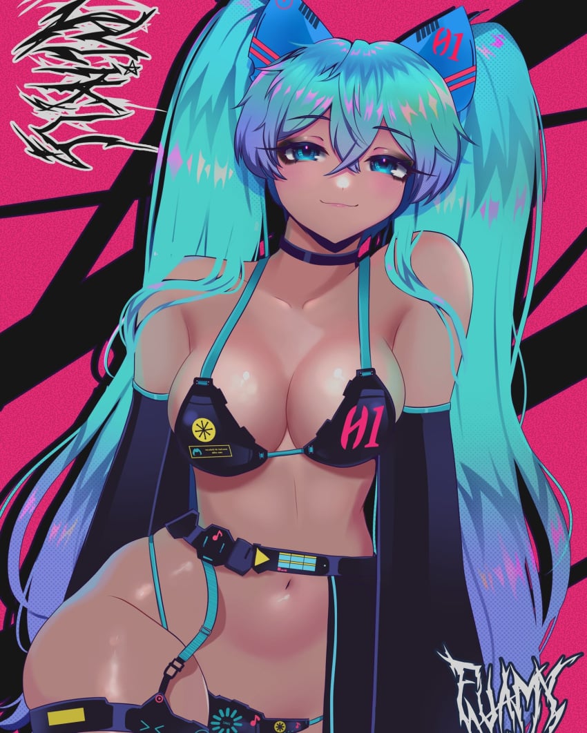 1girls bangs blue_eyes breasts choker cleavage curvy detached_sleeves female fuamyero garter_straps groin hair_ornament hatsune_miku hips long_hair looking_at_viewer navel smile solo tagme thick_thighs twintails very_long_hair vocaloid