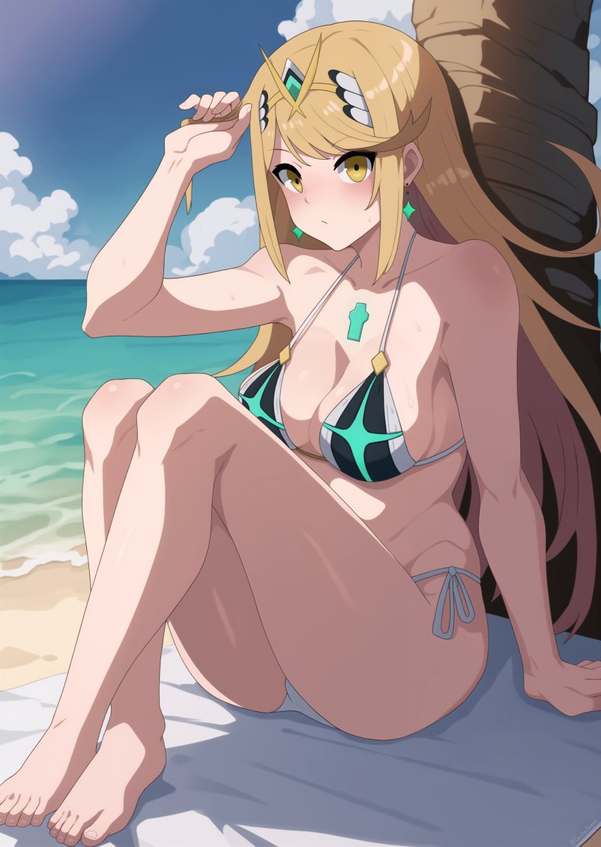 absurd_res ai_assisted alluring arm_support beach big_breasts bikini blanket blonde_hair blush chest_jewel cleavage cloud cloudy_sky core_crystal core_crystal_(xenoblade) crossed_legs drop_earrings earrings feet female full_body gem guilegaze hand_in_own_hair headpiece high_res jewelry long_hair looking_at_viewer mythra nintendo on_ground outside sand side-tie_bikini_bottom sideboob sidelocks sitting sky swept_bangs swimsuit tiara water xenoblade_(series) xenoblade_chronicles_2 yellow_eyes