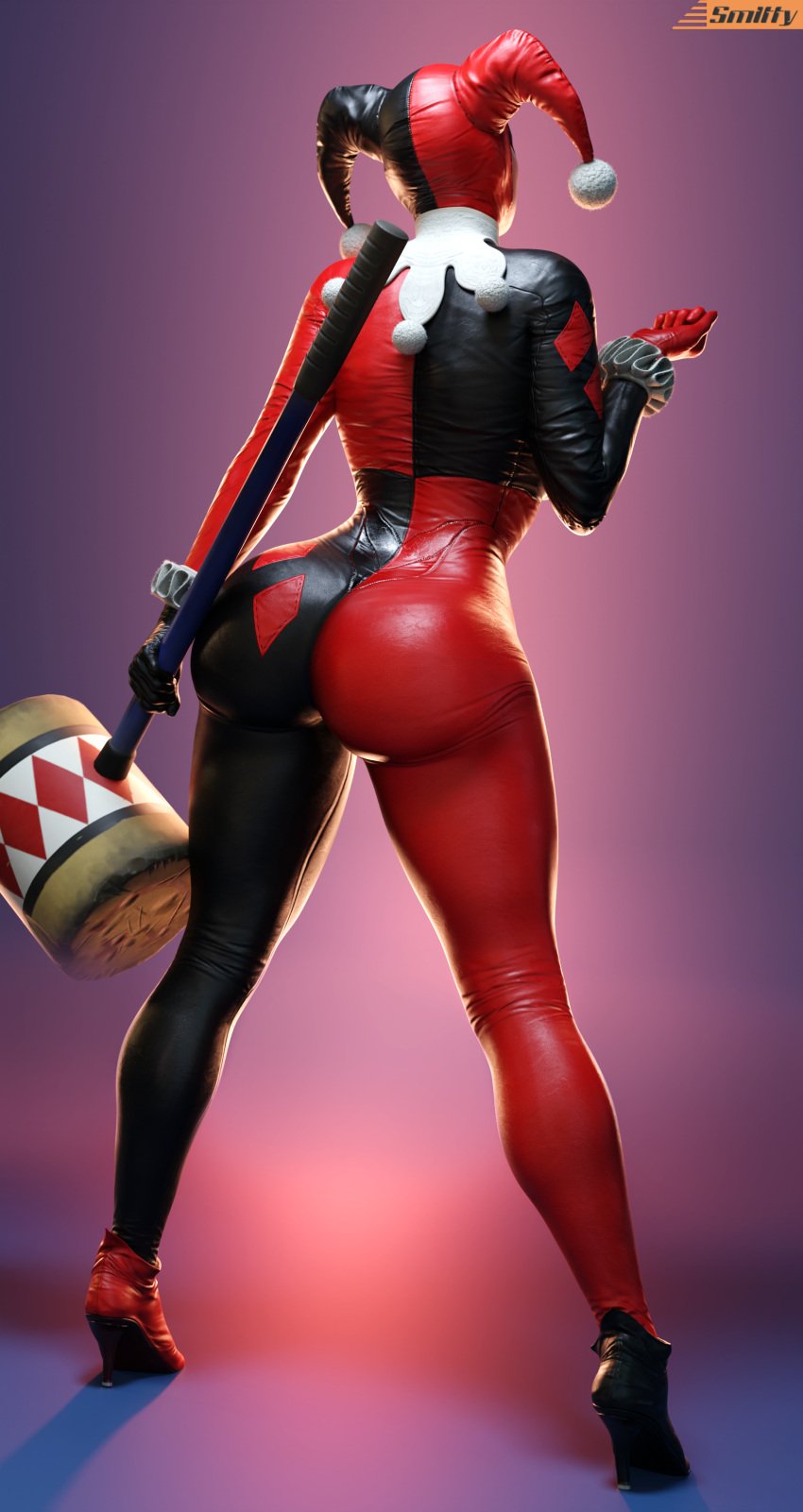 1girls 3d 3d_(artwork) ass back_view batman:_arkham_knight batman_(series) big_ass big_butt bodysuit clussy costume curvaceous curvy curvy_female curvy_figure dc dc_comics female female_only fully_clothed harley_quinn harley_quinn_(classic) harley_quinn_(injustice) high_heels hourglass_figure injustice_2 large_ass mallet rear_view slim_waist smitty34 solo thick_thighs